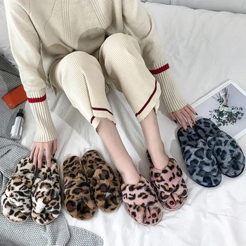 Lady Leopardas Spausdinti Priešslydžio Sistema Šlepetės Žiemą Šilta Medvilnė Batai Šlepetės Šiltos Žiemos Šeimos Shoes
