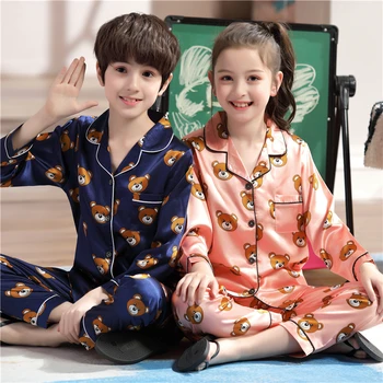 Berniukai Šilko Pižama 2019 M. Rudenį, Žiemą ilgomis Rankovėmis Vaikų Medžiaga Mergina Sleepwear Rinkiniai, Mergaičių Pižamos Rinkiniai Vaikams Pižama Komplektas