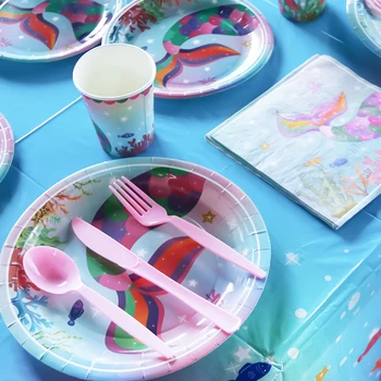 Undinėlės uodega 8 vaikai vienkartiniai šalies stalo įrankiai nustatyti slidinėti spalvotų popieriaus plokštė taurės merginos gimtadienio dekoracijas gydyti kūdikių