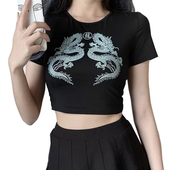 2020 metų Vasaros Naujo Derliaus Dragon Modelio Spausdinimo marškinėlius moterims Slim Rasos Bamba Juoda Pasėlių Trumpi marškinėliai Streetwear Atsitiktinis Moteris Viršūnės