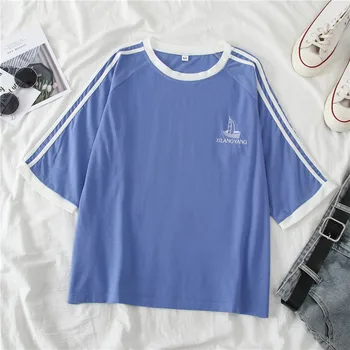 Harajuku Trumpas Rankovės Laišką, siuvinėjimas, marškinėliai korėjos Vasaros nauji Medvilniniai Marškinėliai atsitiktinis Palaidų juostele kratinys Studentų Tee viršūnės