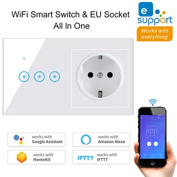 ES Standarto kištukinis Lizdas & WiFi Touch Jungiklis eWeLink Sienos Jungiklis, ES Lizdas 1/2/3 Gauja Smart interruptor Dirbti su Alexa 