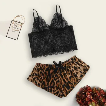 Leopardas Spausdinti Seksualus Pajama Moterų Sleepwear Rinkiniai pyjama para femme Moterų Ponios Nightdress Kostiumai Nėriniai naktiniai drabužiai Apatiniai J80