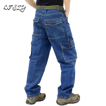 Džinsai Vyrams Naujas Prarasti Didelio dydžio Tvirtas Medvilniniai darbo drabužiai Džinsinio audinio kelnės Atsitiktinis Tiesiai Multi-pocket Darbo kelnės