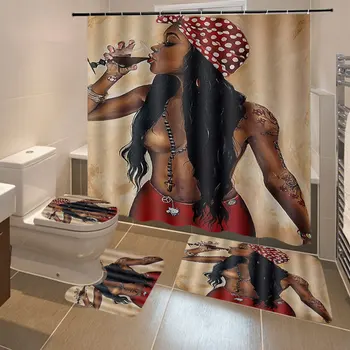 4pcs Afrikos Mergaičių Vandeniui Vonios kambarys Dušo Užuolaidų Komplektas neslystantis Vonios Kilimėlis, Kilimėliai 3D spausdinimo Tualetas Poliesteris Padengti Kilimėlis Rinkinys