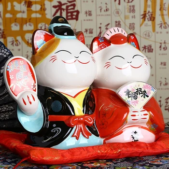 9 colių Vestuvių Maneki Neko Ornamentu Keramikos Pora Pasisekė Kačių Namų dekoro Dovana Feng Shui Piggy Bank Statulėlės