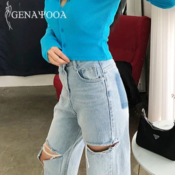 Genayooa Derliaus Kankina Džinsinio Džinsus Moterims Pločio Kojų Džinsus Aukšto Juosmens Streetwear Boyfriend Džinsai Moterims Džinsinio Korėjos Stiliaus