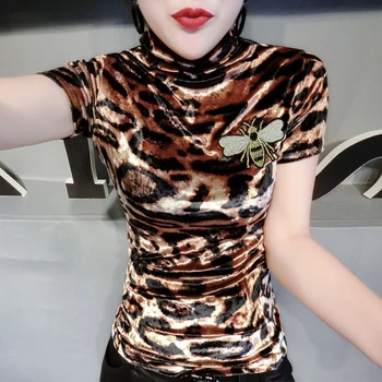 Golfo Aksomo Viršūnes Moterys Ilgomis Rankovėmis Leopard T Shirts 2020 M. Pavasarį, Rudenį, Veliūras, T-Marškinėliai Moterims Basic Marškinėliai, Siuvinėjimas Marškinėlius