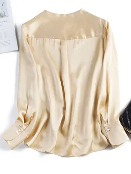 Popelinowy Office Lady Moterų Marškinėliai Atvira Dygsnio 2020 Long Sleeve V-Kaklo Varčias Natūralaus Šilko Blusas Femininas Elegantes