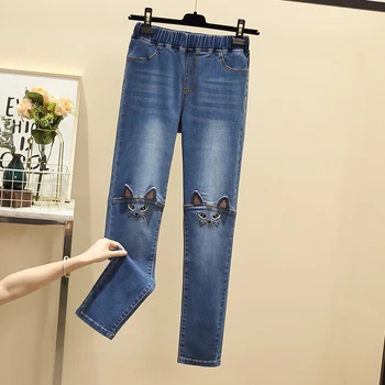 2019 Naujas Moterų aukšto juosmens Elastinga juosmens Išsiuvinėtu Katės Džinsinio Džinsus ruožas Kelnės Kelnės pieštuku liesas džinsus moteris plius dydis
