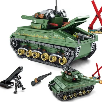 SEMBO Karinės M4 Sherman Tankas WW2 Blokai Pavyzdį Armijos Ginklu Kareivis Duomenys Plytų Žaislai Vaikams, Dovanos Berniukams