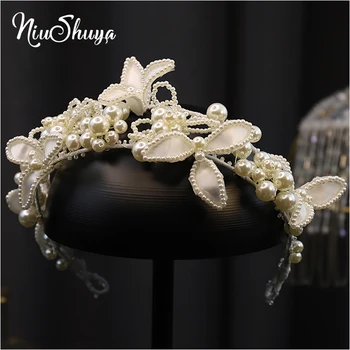NiuShuya Balta Gėlė Gėlių Kaspinai Hairbands Pearl Headpieces Brides Moterų Vainikai, Vestuvių Plaukų Aksesuarai, Juvelyriniai Dirbiniai