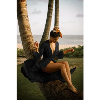 Mygtukas Maudymosi Kostiumėlį Padengti Iki Moterų Sexy Šifono Paplūdimio Ilga Suknelė Kietas Paplūdimio Button Cardigan Maudymosi Kostiumą Padengti Iki Playa Pareo