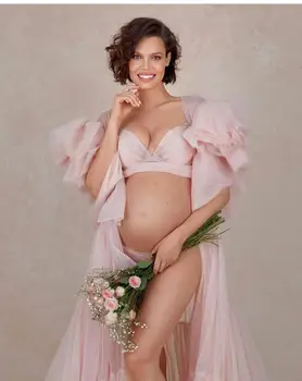Gana Rausva Motinystės Suknelės Prabanga Raukiniai Nėščių Moterų Suknelė Photoshoot Boudoir apatinis Trikotažas Chalatas naktiniai drabužiai Baby Shower