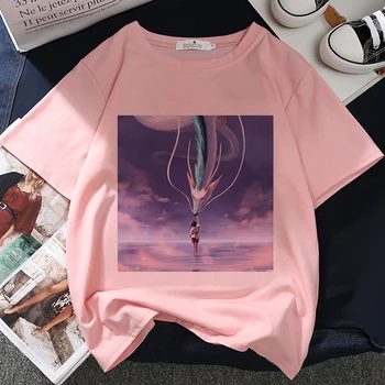 Spirited Away Hayao Miyazaki Grafinis Spausdinti marškinėliai Moterims Harajuku Estetinės Rožinė Viršuje Marškinėlius Tee Japonijos Anime Stiliaus Moterų Marškinėliai