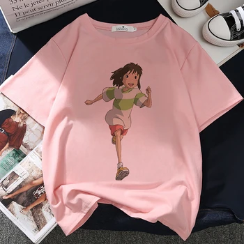 Spirited Away Hayao Miyazaki Grafinis Spausdinti marškinėliai Moterims Harajuku Estetinės Rožinė Viršuje Marškinėlius Tee Japonijos Anime Stiliaus Moterų Marškinėliai