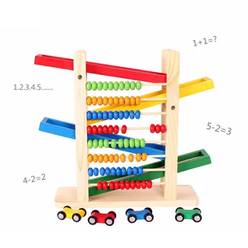 Kūdikių Montessori Ugdymo Medinių Žaislų Kūrybos Spalvinga Abacus Su 4 Automobiliai Mokymosi Žaislas Abacus Slidus Automobilių Matematikos Žaislas