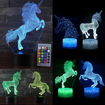 Vienaragis Lempos Romantišką Naktį šviesos diodų (LED Stalo Lempa 3D LED Nakties Šviesos Nuotolinio Valdymo Vaikams Kalėdų Dovana, Namų Puošybai D30
