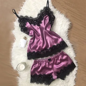 Moterų Sleepwear Sexy Satin Pajama Nustatyti Black Lace V-Neck Pižamos Rankovių Mielas Cami Viršų ir Šortai, Seksualus apatinis Trikotažas Homewear #W