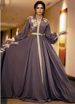 Maroko Kaftan Caftan Musulmonų Vakaro Suknelės-line V-kaklo, ilgomis Rankovėmis Šifono Appliques Dubajus arabų Turkija Abaja Islamo Suknelė