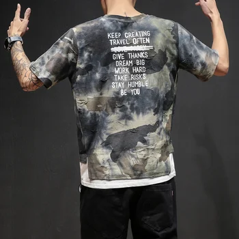 Mados Kankina T-shirt vyrams vasaros Spausdinti skylę hip-hop trumpomis rankovėmis T marškinėliai Camo kratinys Prarasti Trišakiai Plius Dydis S - 5XL