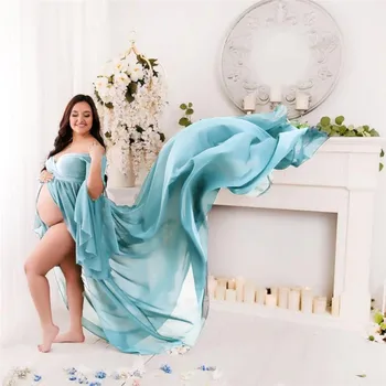 Padalinta Priekiniai Motinystės Suknelė Baby Shower Shoulderless Nėštumo Maxi Suknelė Suknelė Fotografija, Nėščiosios Fotosesiją Rekvizitai