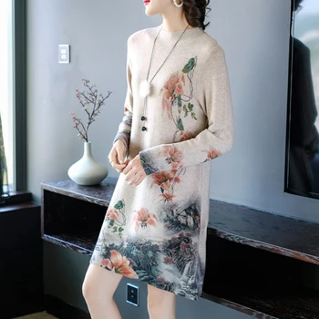 2020 M. Rudens Derliaus Moterims Gėlių Vilnos Megztinis Suknelė Žiemos Atsitiktinis Plius Dydžio 