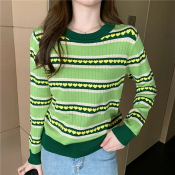 Korėjos Stiliaus Moterų Megzti Megztinis Rudenį 2020 Mielas Širdies Dryžuotas Ilgomis Rankovėmis Megztinis Trikotažas Jumper Avokado Žalia T347