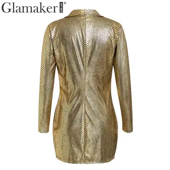 Glamaker Aukso gyvatė spausdinti seksualus v-kaklo trumpą suknelę Bodycon elegantiškas mygtukai mini suknelė, švarkas Moterų 2020 m. naktį šalies klubas suknelė