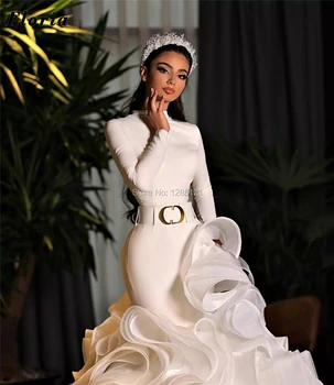 Prabanga Koplyčia Traukinys Vestuvių Suknelės Aukšto Kaklo, Ilgomis Rankovėmis Susiėmę Arabų Dubajus 2021 Vestuvinės Suknelės Pakopų, Sijonai, Chalatai De Mariée
