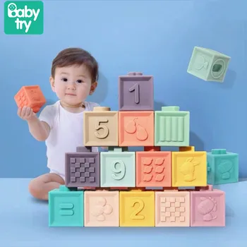 12pcs Kūdikio Minkšti Plastikiniai Pastato Blokus Žaislai 3D Kubeliai Vonios Teether Išspausti Statybos Juguetes Vaikams Švietimo Dovana