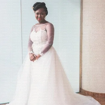 2019 Šalies Vestuvių Suknelės, su Nuimamu Traukinio Vestuvių Suknelė 2 In 1 Iliuzija Ilgio Rankovėmis ir Atvira nugara Afrikos Vestuvinės Suknelės