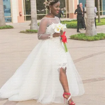 2019 Šalies Vestuvių Suknelės, su Nuimamu Traukinio Vestuvių Suknelė 2 In 1 Iliuzija Ilgio Rankovėmis ir Atvira nugara Afrikos Vestuvinės Suknelės