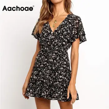 Aachoae Moterų 2020 M. Vasaros Suknelė Boho Stiliaus Gėlių Spausdinti Paplūdimio Suknelė Raukiniai Elegantiškas Šalis Suknelė Trumpomis Rankovėmis Sundress Vestiods