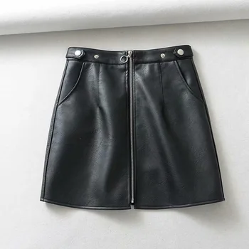 Toppies juoda faux odos mini sijonai, priekiniai užtrauktuku didelis juosmens sijonai korėjos stiliaus žiemos drabužių streetwear