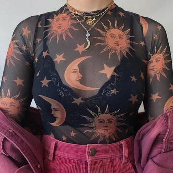 Sun Moon Spausdinti Skaidrus Akių Seksualus T-Shirt Moterims, O-kaklo Su ilgomis Rankovėmis Slim Pagrindinio Atsitiktinis Moterų Viršūnių 2019 M. Pavasarį Naujas