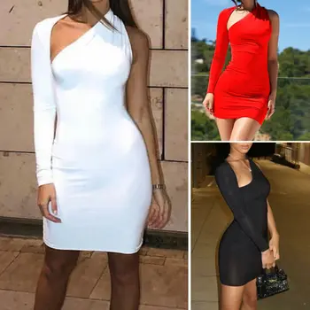 Visiškai Naujas Dizaino Moteriški Bodycon Vieną Petį Ilgomis Rankovėmis Trumpą Mini Suknelė Ponios Apvalkalą Klubas Šalies Vakarą Mini Suknelės