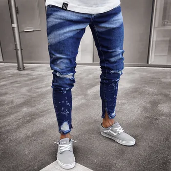 Mens Mados Dažų Liesas Ruožas Džinsai Nelaimę Ripped Jeans Freyed Džinsinio Audinio Kelnės Kietas Streetwear Kelnės