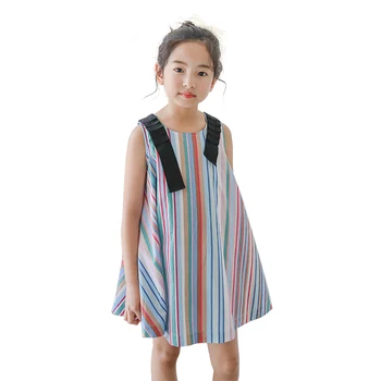 Vaivorykštė suknelė, amžius 6 - 14 metų amžiaus paauglės spalvinga suknelė 2019 naujas vasaros dryžuotas Medvilnės rankovių kūdikių mergaičių vest frocks
