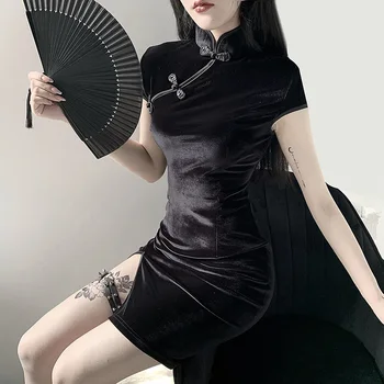 InsGoth Retro Mini Suknelė Moterims Bodycon Cheongsam Mini Suknelė Gotikos Šalies Elegantiškas, Kietas Juodos Spalvos Raudona Rožinė Moteriška Suknelė