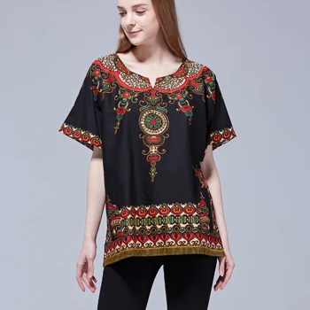 Dashiki Moterų Etninės Vintage 70 Boho Afrikos Genčių Marškinėliai su Spausdinimo, Medvilnės Top Marškinėliai 2019