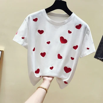 Raudona širdis T-Shirt Moters Drabužių, Siuvinėjimas, Marškinėliai Moterims 2019 M. Vasarą Marškinėlius Moterų trumpomis Rankovėmis Medvilnės Marškinėliai Femme harajuku