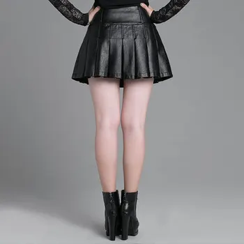 Trumpas sijonas didelio dydžio moterų sijonas korėjos versija susiuvimo PU odos klostuotas sijonas rudenį ir žiemą bazės sijonas