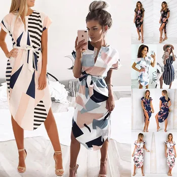 2020 Karšto Pardavimo Moterų Midi Šalis Suknelės Geometrinis Spausdinti Vasaros Boho Paplūdimio Suknelė Prarasti Batwing Rankovėmis Suknelė Vestidos Plius Dydis 3XL