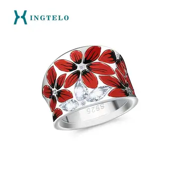 XINGTELO 925 Sterlingas Sidabro Žiedas Red Emalį Gėlių Balta Kubinių Zirconia Žiedas Moteris Vestuvių Papuošalai Gimtadienio Dovana