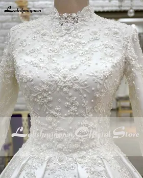 2020 Dramblio Kaulo Musulmonų Vestuvių Suknelės Ilgomis Rankovėmis Nėrinių Satino Perlai Derliaus Linija, Saudo Arabų Moterų Oficialią Vestuvių Nuotaka Suknelės