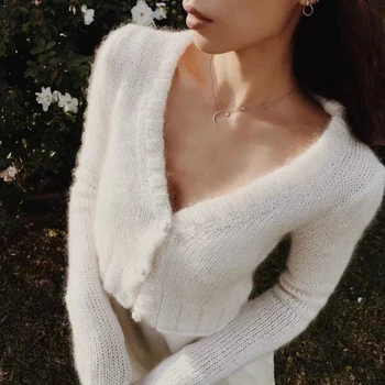 Foridol balta apkarpytos megztinis moterims rudens žiemos fuzzy megztinis v-kaklo, ilgomis rankovėmis moheros trumpas megztas purus susagstomi megztiniai 2020 m.