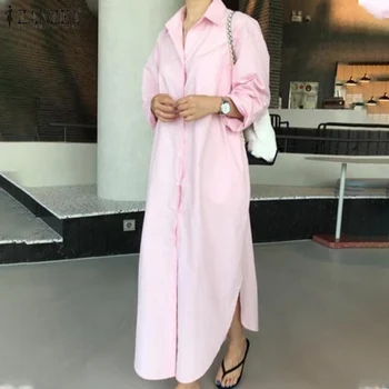 ZANZEA Elegantiškas Ilgas Marškinėliai Suknelė 2021 Moterų Rudenį Sundress Atvartas Kaklo, ilgomis Rankovėmis Padalinta Vestidos Kietų Biuro Darbo Suknelės