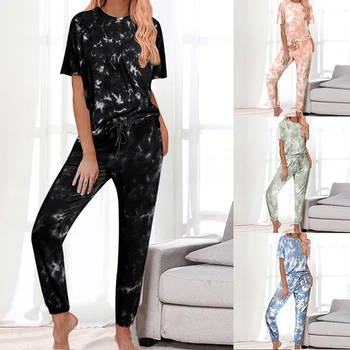 2020 Loungewear Moterų Pajama Nustatyti Namų Drabužiai tie dažai Spausdinti naktiniai drabužiai Sleepwear Mados Pavasario Vasaros trumpomis Rankovėmis Pižamos Moterims