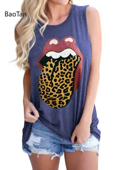 Vasarą Ponios T-shirt tankų Atsitiktinis Leopardas Spausdinti Lūpų Spausdinimo Raundo Kaklo, Rankovių Moterims Drabužių